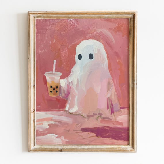Cute Ghost With Bubble Tea Halloween Wall Art Preppy Halloween Room Decor Trendy Spooky Ghost Pink Wall Art
