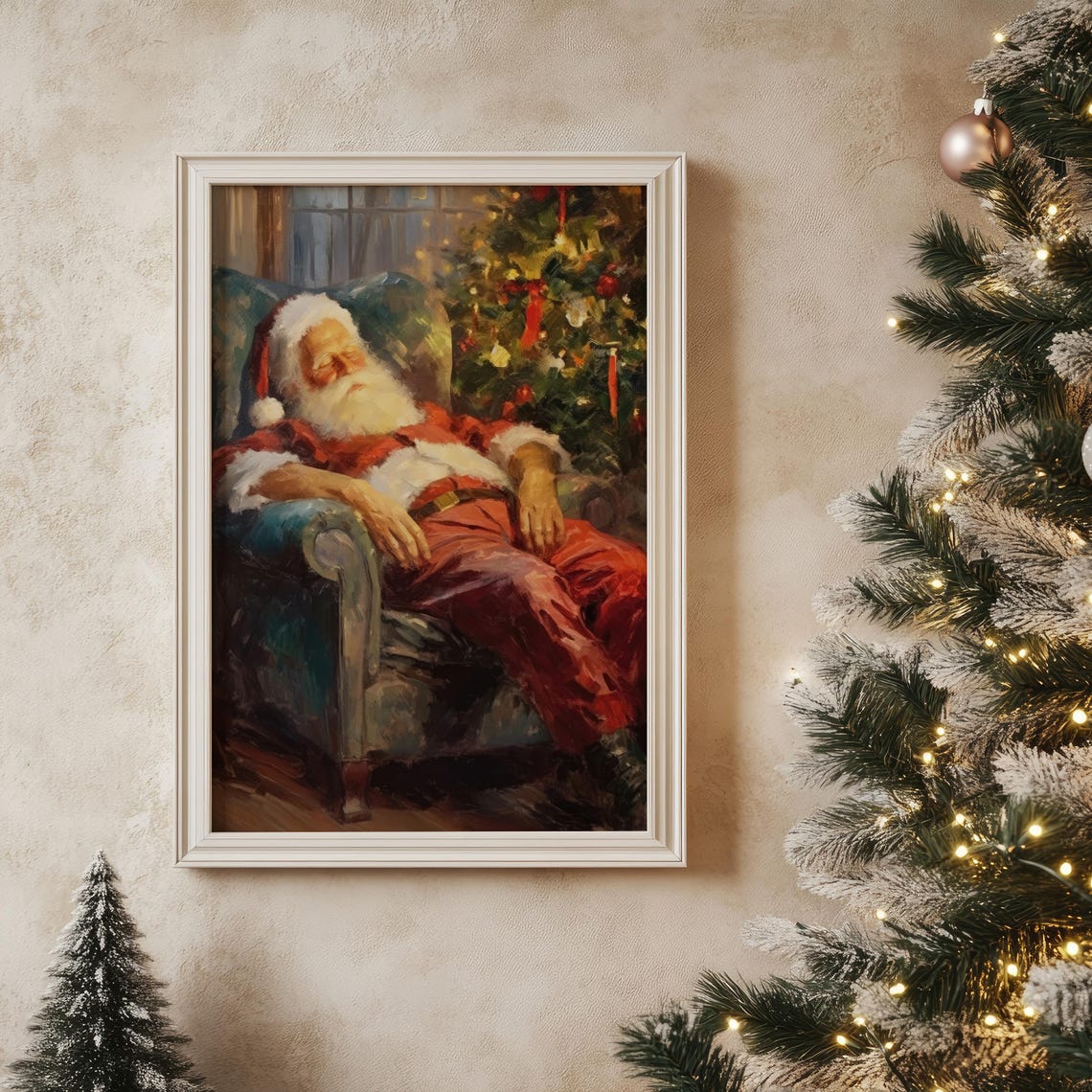 Sleeping Santa Claus Armchair Christmas Tree Painting Wall Art - Image 6