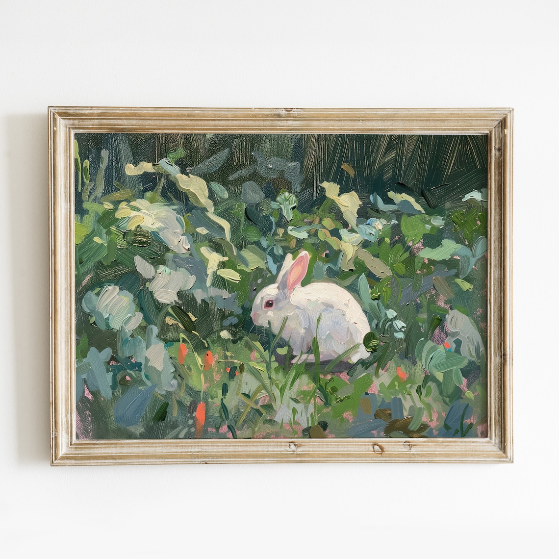 White Bunny Rabbit Lush Garden Vintage Oil Painting Wall Art