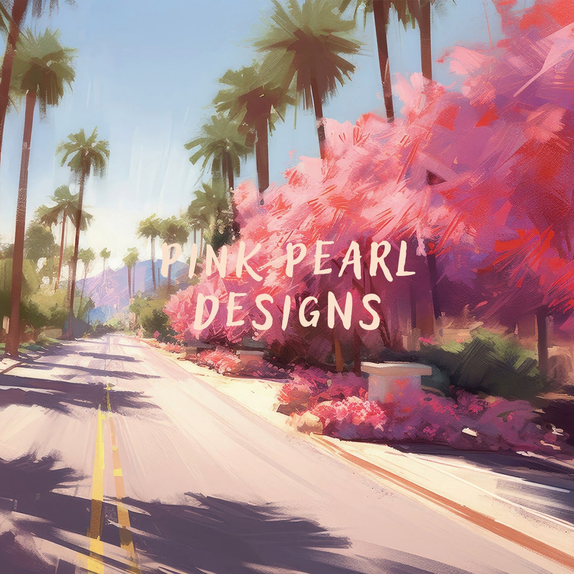 California Palm Tree Lined Road Pink Flowering Trees Travel Poster - Image 8