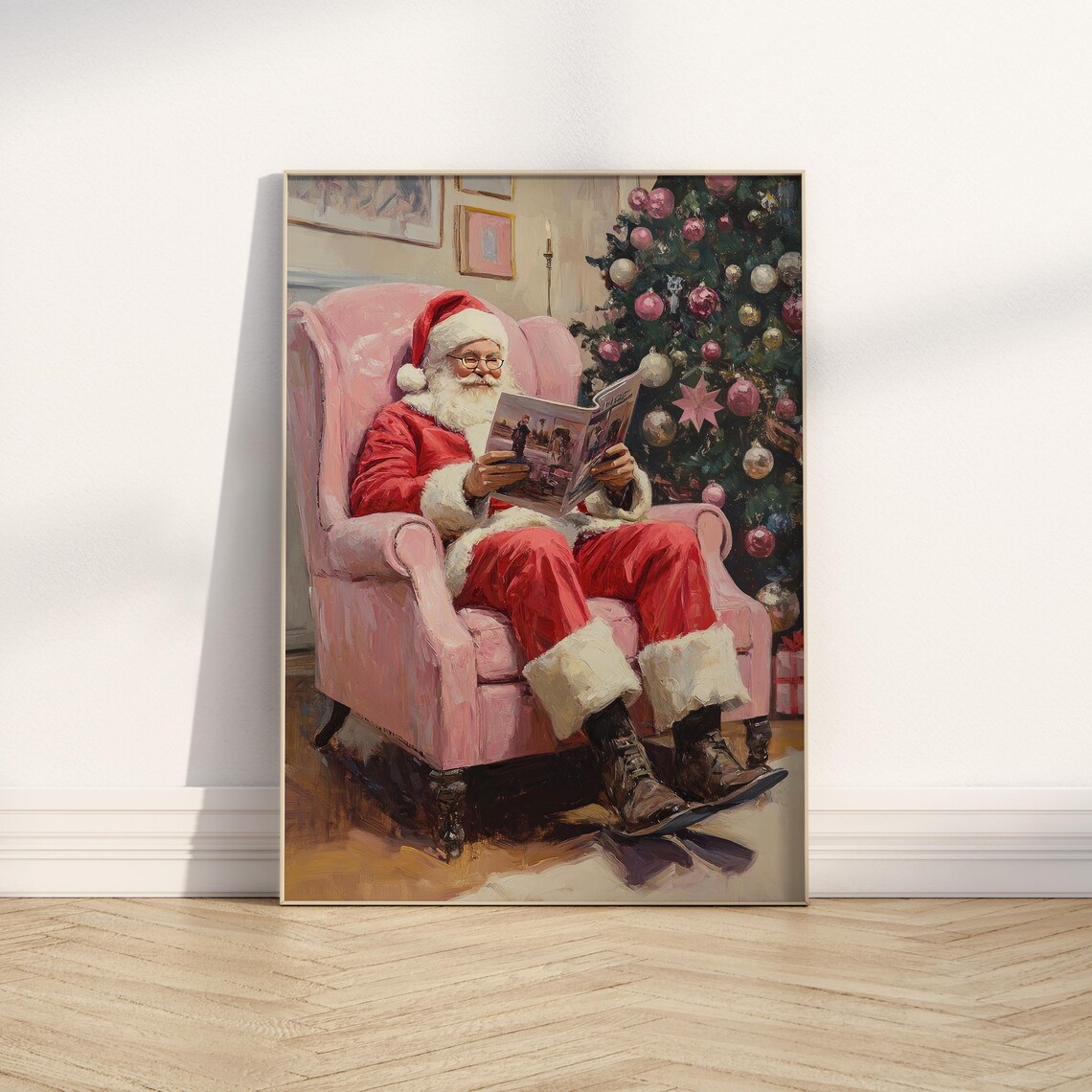 Santa Claus Reading By Christmas Tree Pink Armchair Art Poster - Image 5