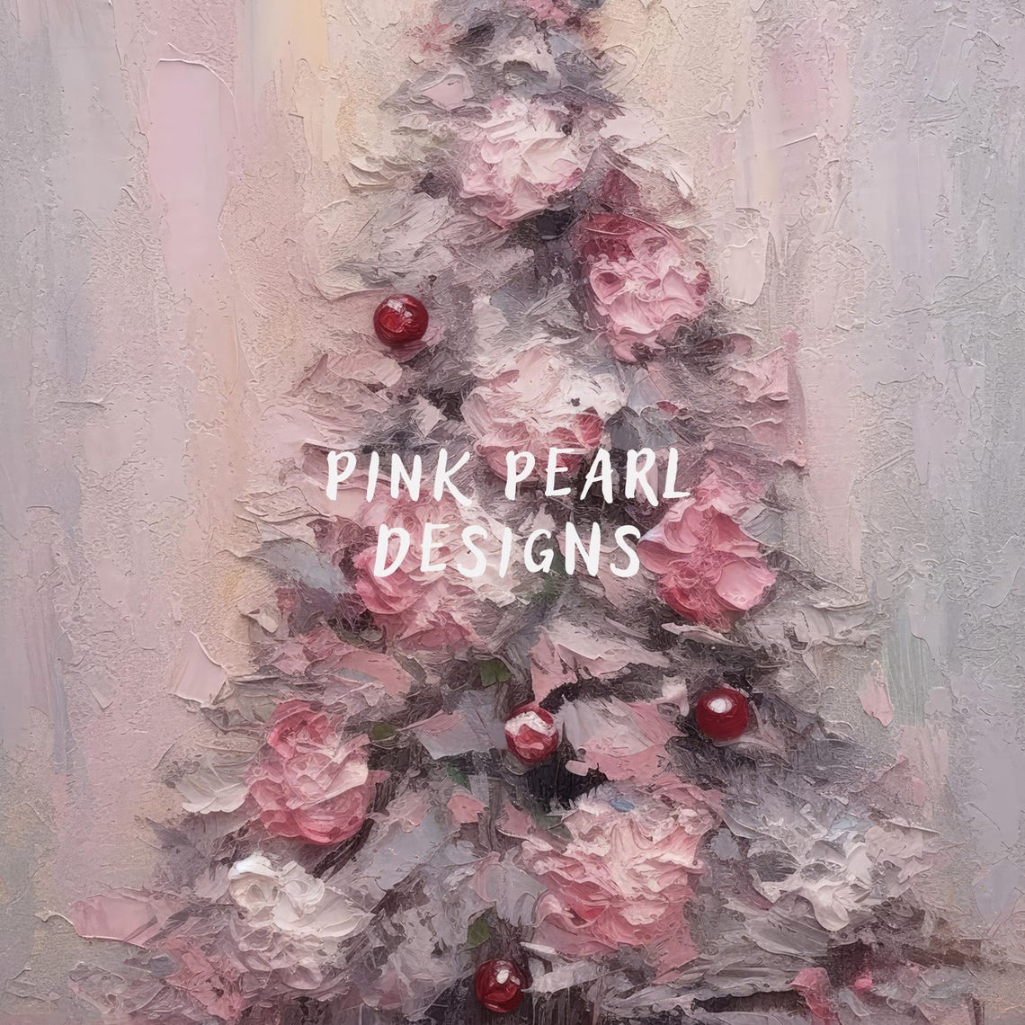 Pink Christmas Tree Red Ornaments Impressionist Holiday Wall Art Print - Image 6