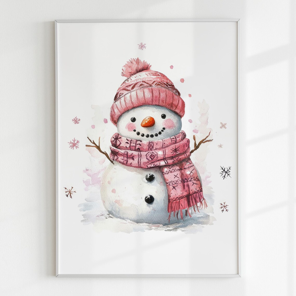 Cute Pink Snowman Watercolor Winter Christmas Wall Art Poster - Image 5