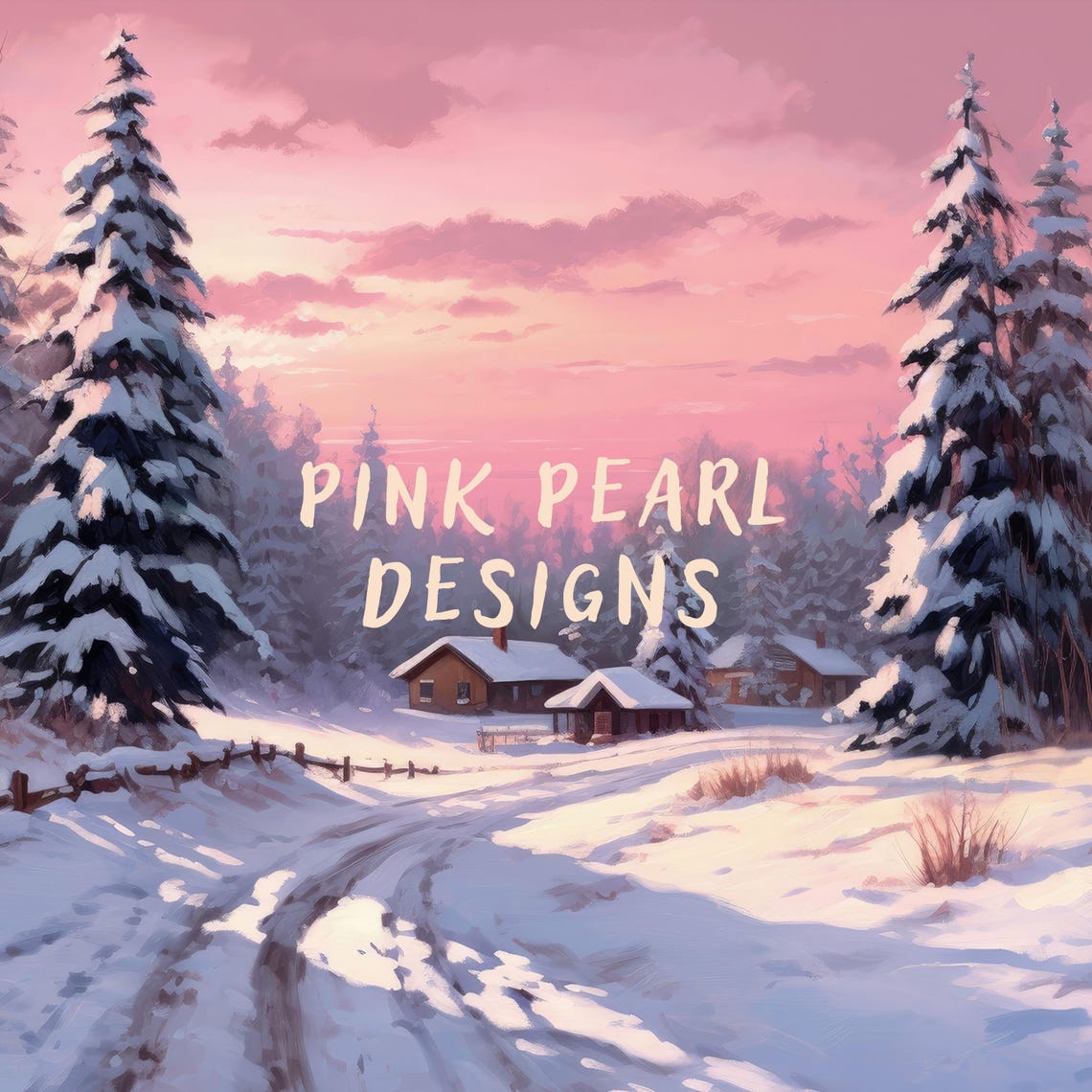 Pink Winter Forest Cabin Snowy Dusk Landscape Wall Art Poster - Image 2