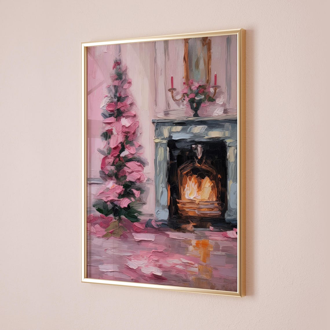 Pink Christmas Tree Cozy Fireplace Pink Holiday Living Room Art Print - Image 4