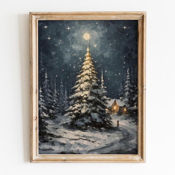 Christmas Tree Moody Wall Art Vintage Winter Pine Forest Prints Christmas Room Decor Moody Holiday Wall Art