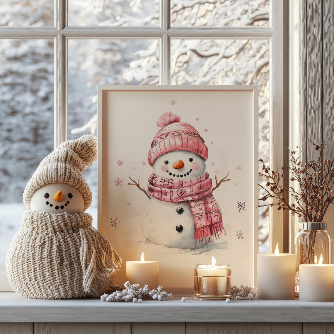Cute Pink Snowman Watercolor Winter Christmas Wall Art Poster - Image 3