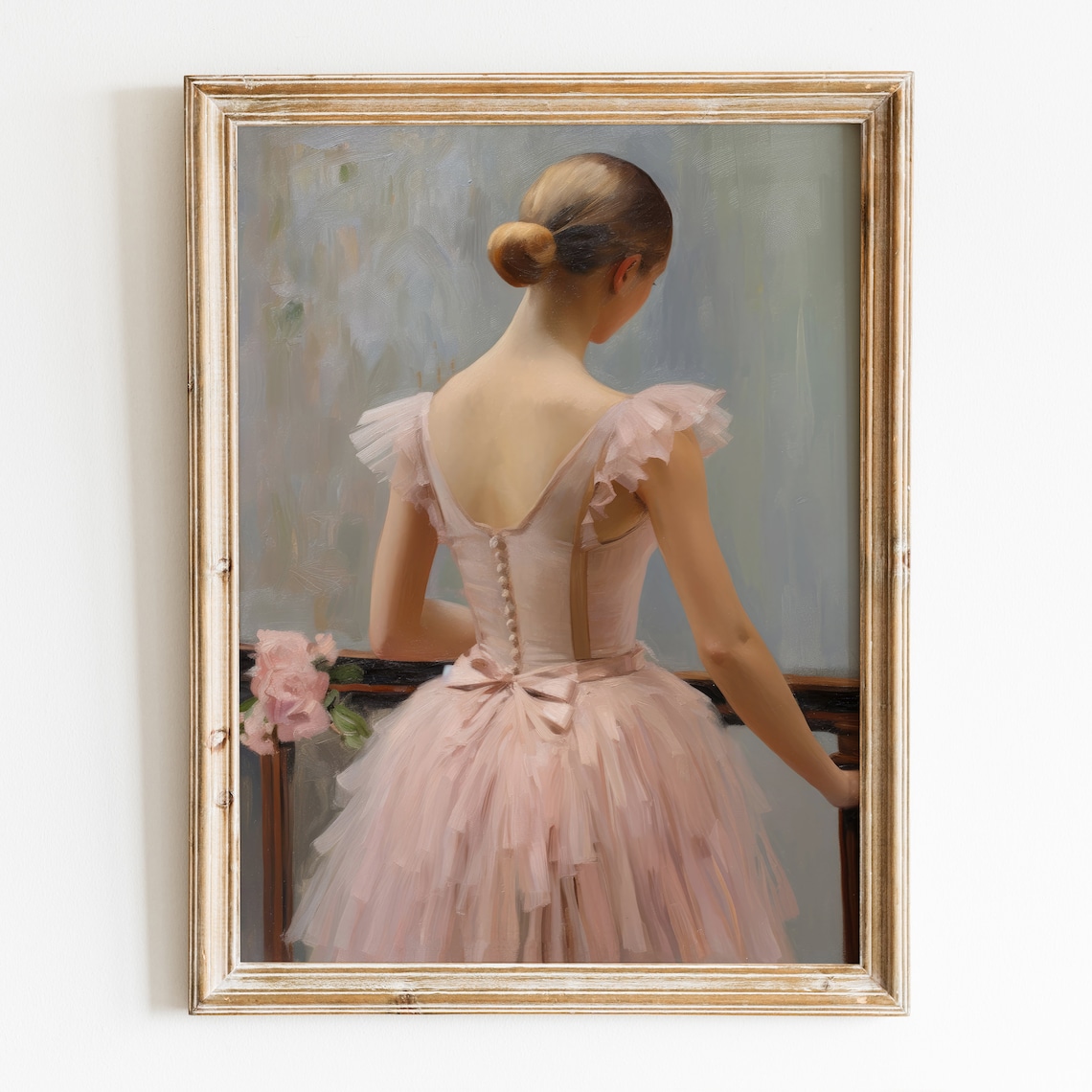 Ballerina in Blush Pink Ballet Dress With Back Bow by Window Painting Poster - Image 3