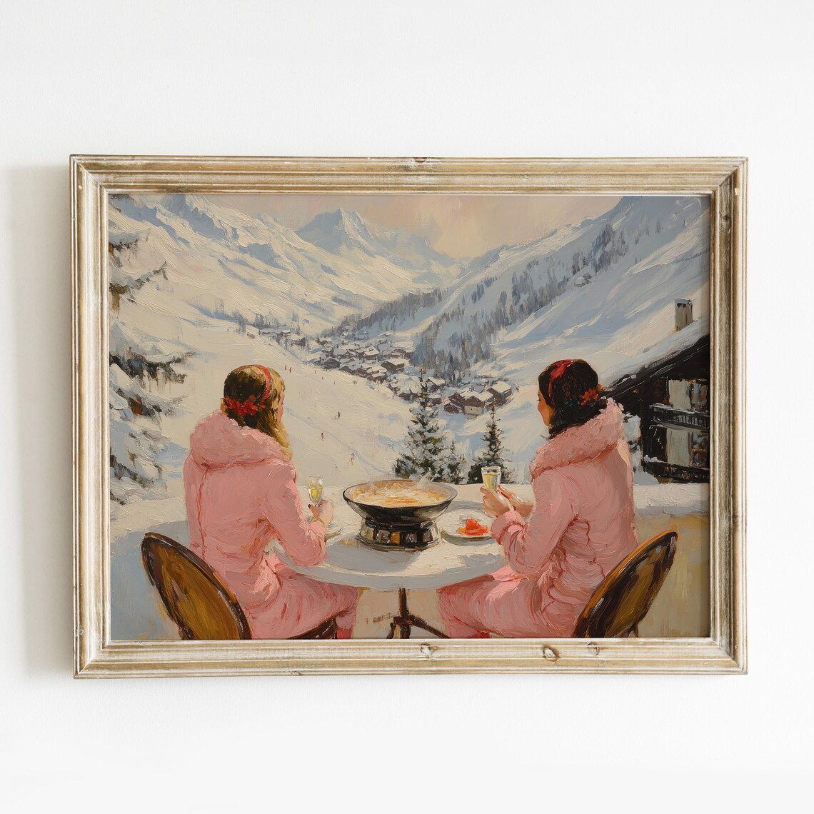 Two Friends Sharing Fondue Overlooking Alpine Valley Ski Poster - Image 6