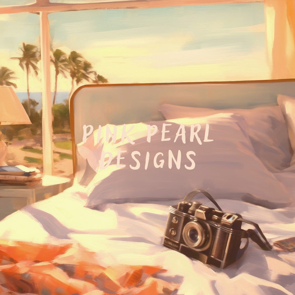 Sunny Bedroom Camera on Bed Palm Ocean View Vacation Wall Art Print - Image 6