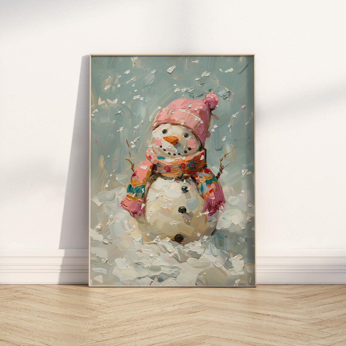 Cheerful Snowman Pink Hat Colorful Scarf Snowy Wall Art Poster - Image 3