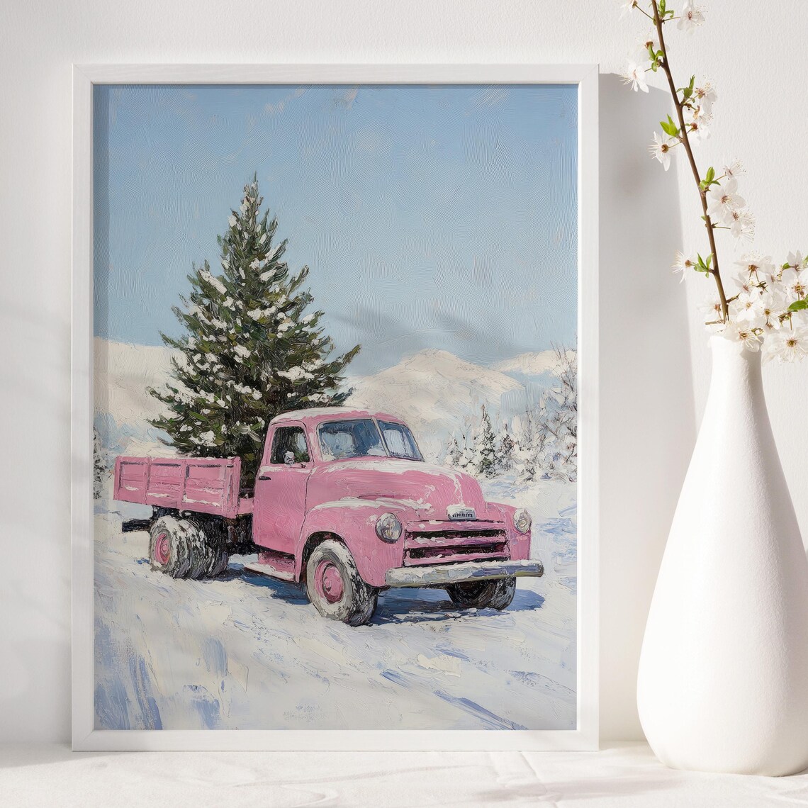 Pink Vintage Truck Hauling Christmas Tree Snowy Wall Art Poster - Image 6