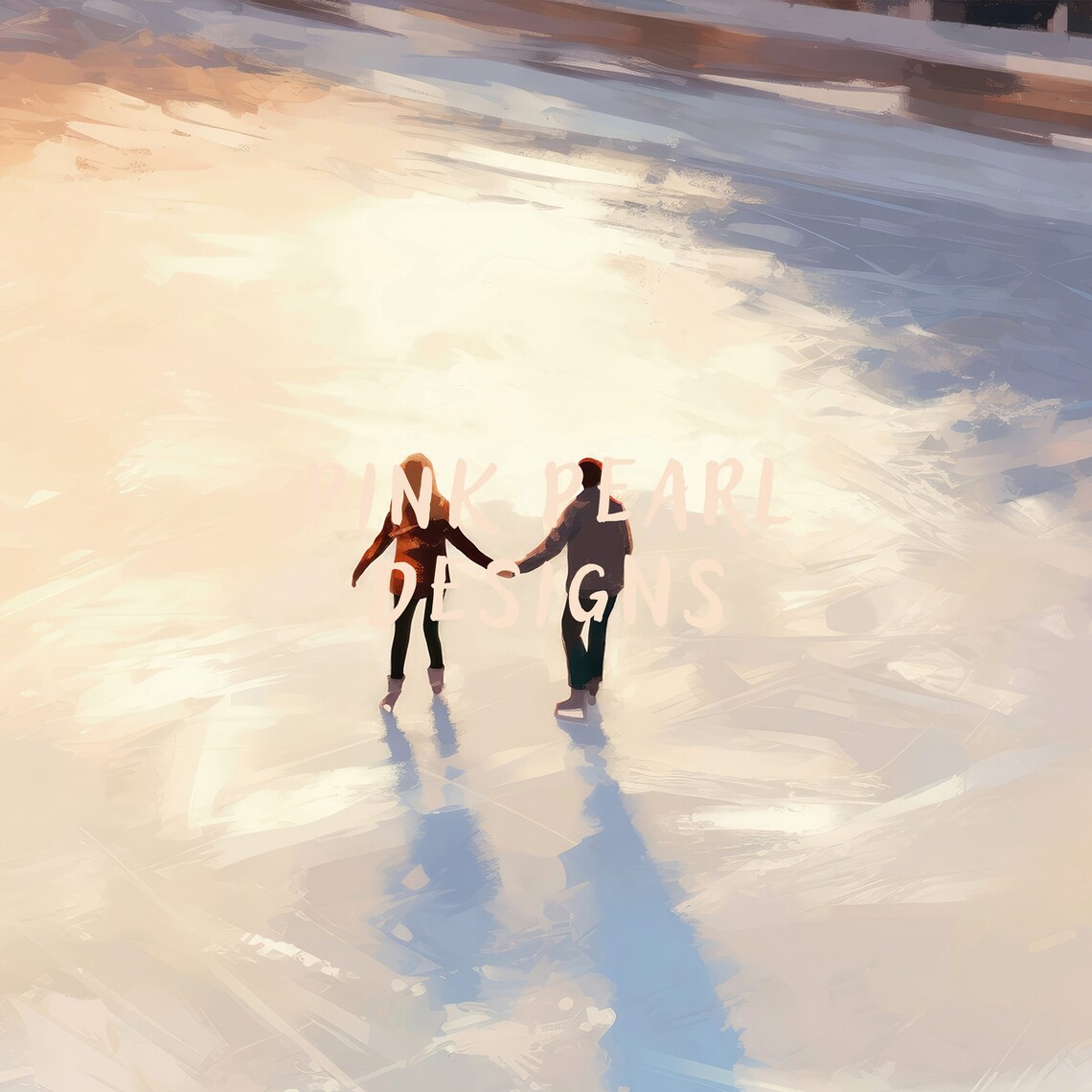 Romantic Couple Ice Skating Golden Sunset Winter Painting Wall Art - Image 8