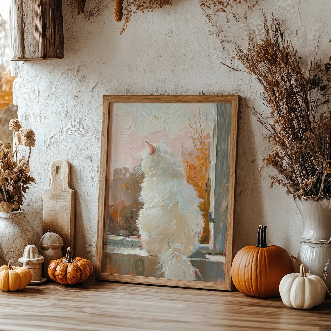 White Fluffy Cat Vintage Cat Art Print, Preppy Decor