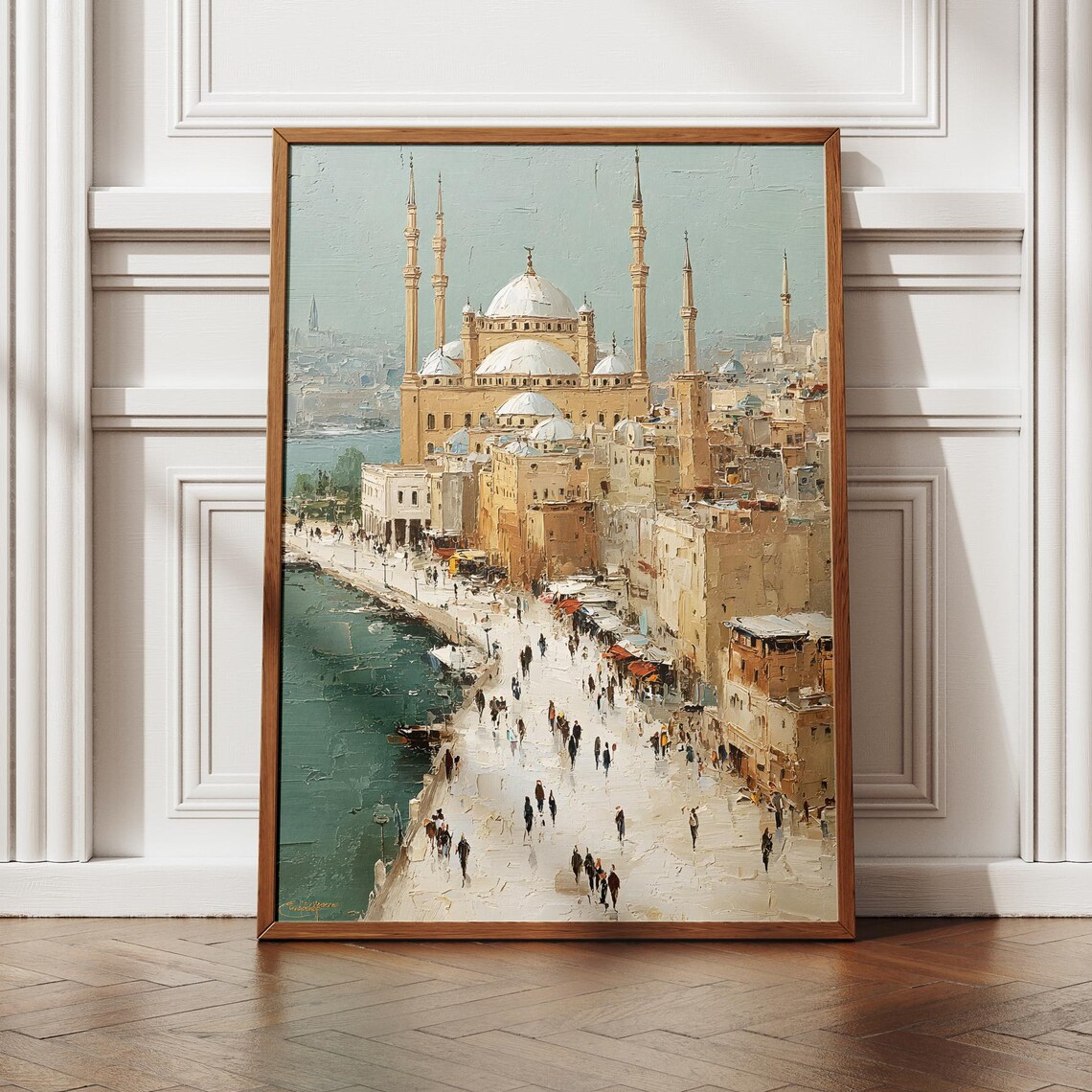 Grand Mosque Minarets Waterfront City Oil Painting Travel Poster
