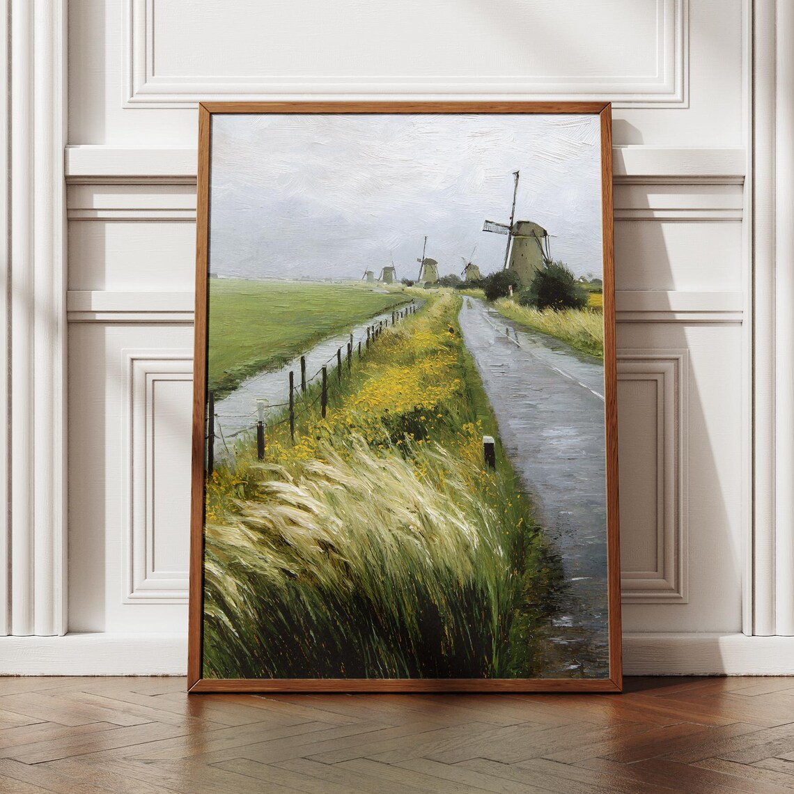 Dutch Windmill Country Road Green Fields Oil Painting Travel Poster