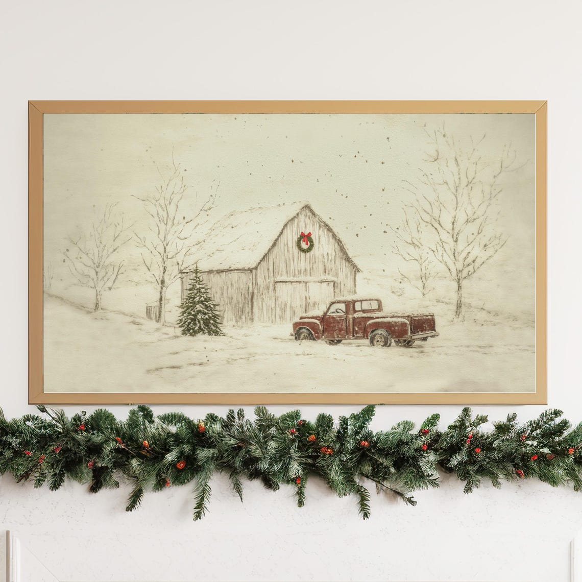 Vintage Red Truck and Barn in Snow Christmas Farmhouse Wall Art - Image 4