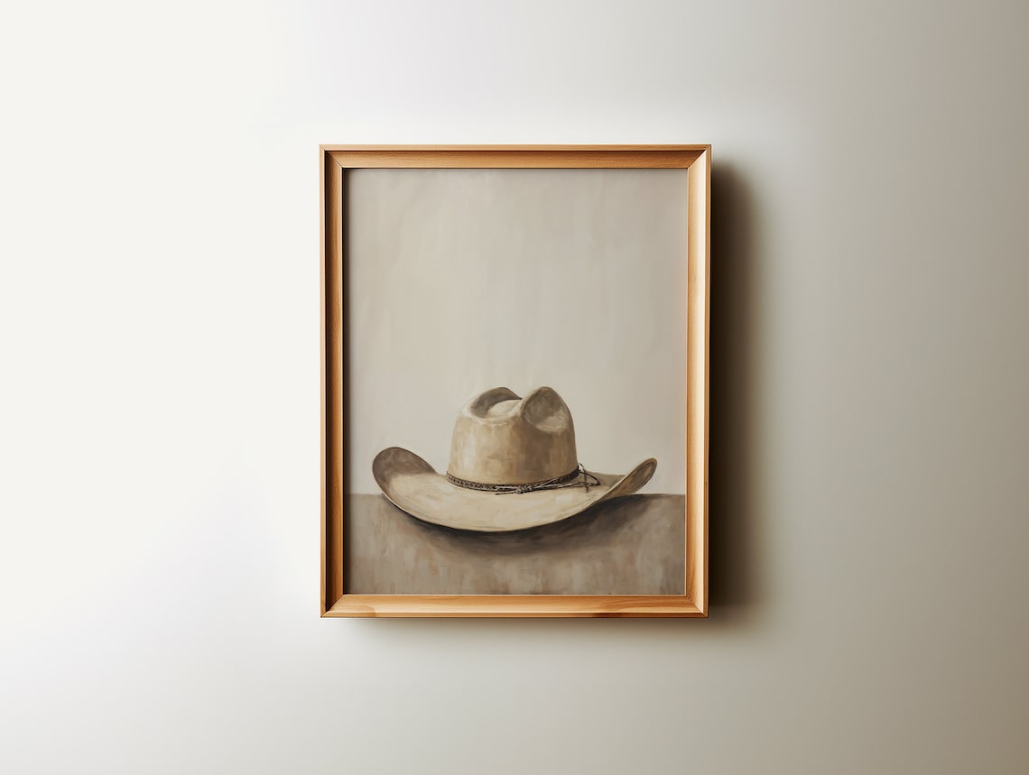 Cowboy Hat Minimalist Western Oil Painting Warm Neutral Still Life Poster