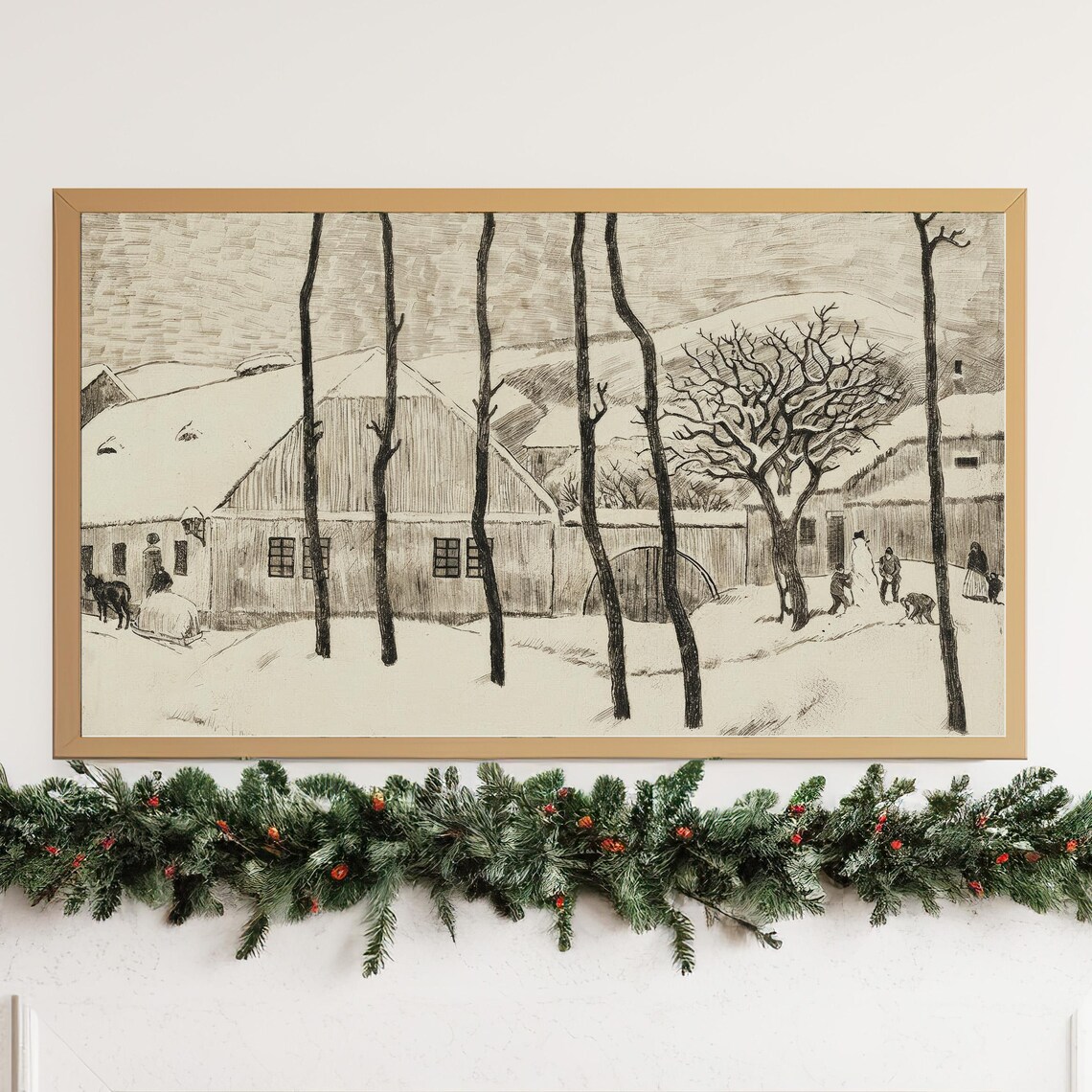 Vintage Sepia Winter Village Snowy Barn Horse Sleigh Drawing Poster - Image 4