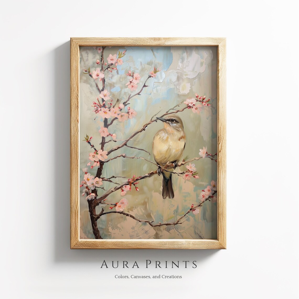Songbird on Cherry Blossom Branch Spring Floral Painting Poster