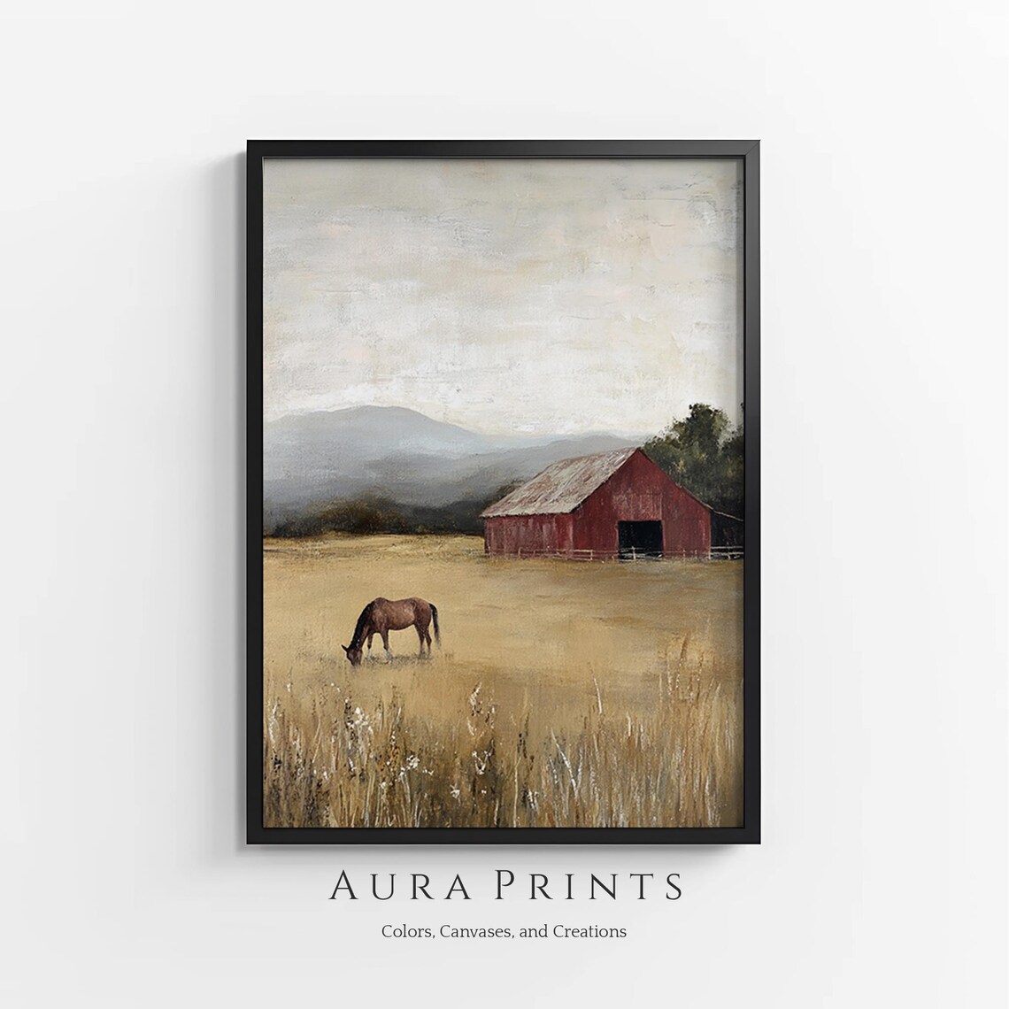 Horse Grazing by Red Barn Rustic Farmhouse Field Painting Poster