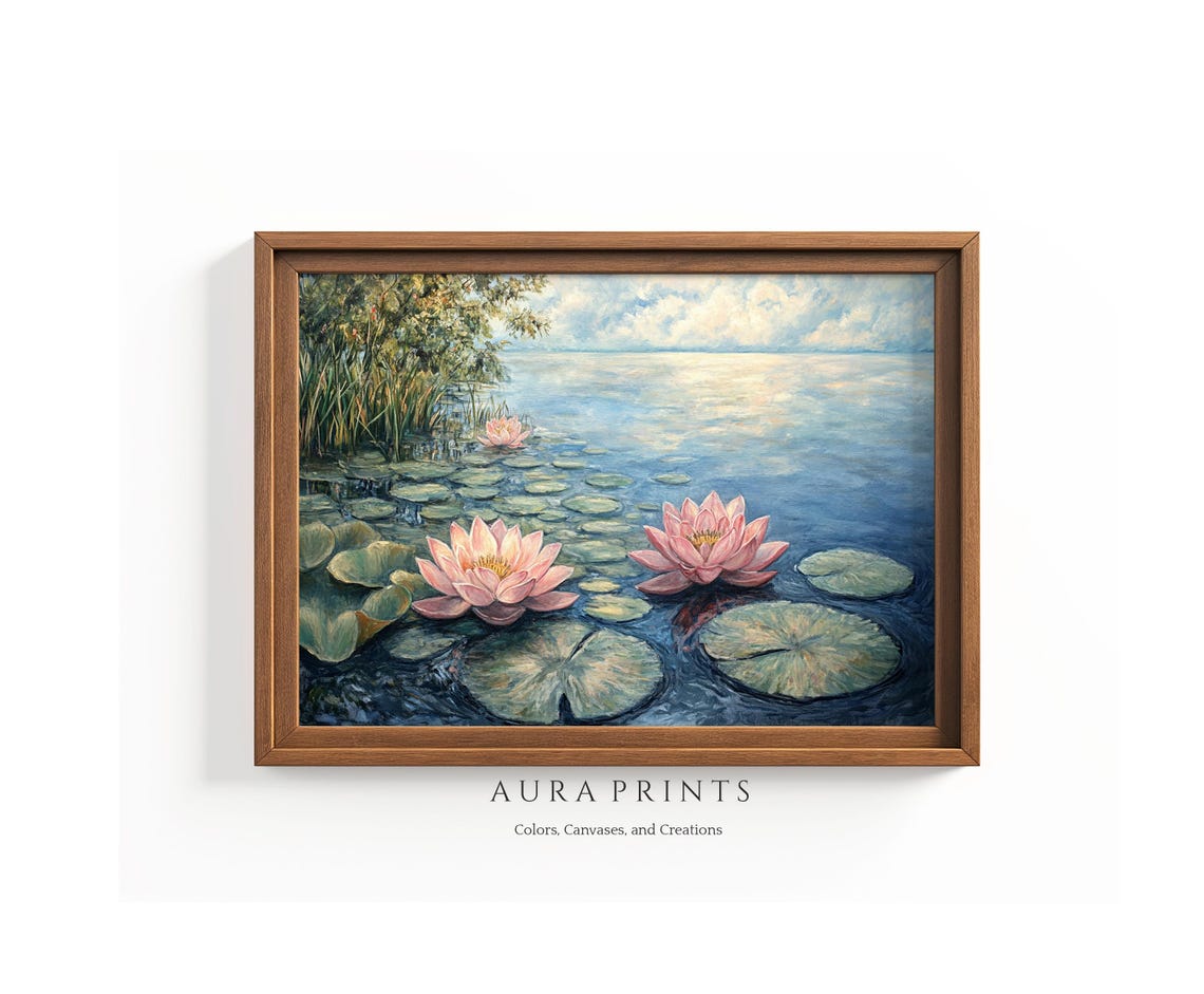 Pink Lotus Water Lily Oil Painting Calm Lake Blossoms Poster