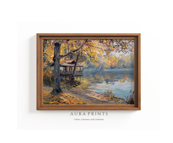 Autumn Trees By The Lake Wall Art Vintage Lakehouse Cottage Waterscape Gift Decor 0856
