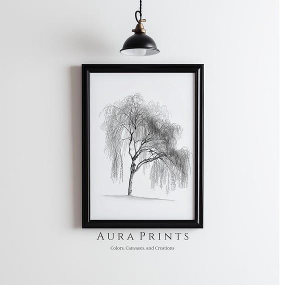 Willow Tree Pencil Drawing Neutral Wall Decor Antique Nursery Art Cottage Vintage Gift 1139
