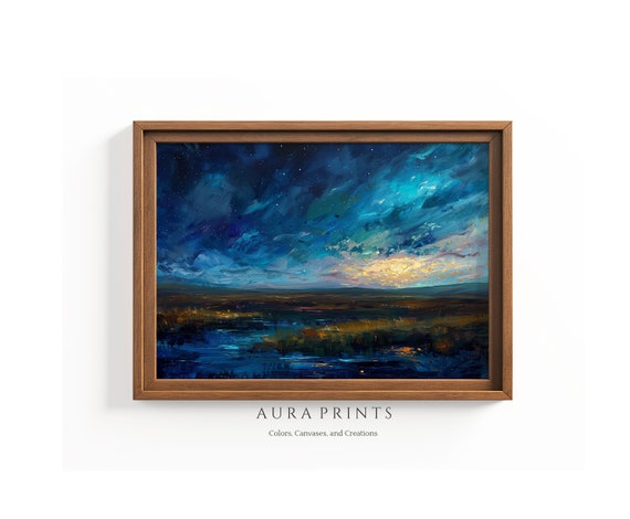 Northern Lights Over Frozen Creek Wall Art Vintage Rustic Farmhouse Cottage Abstract Decor 0835