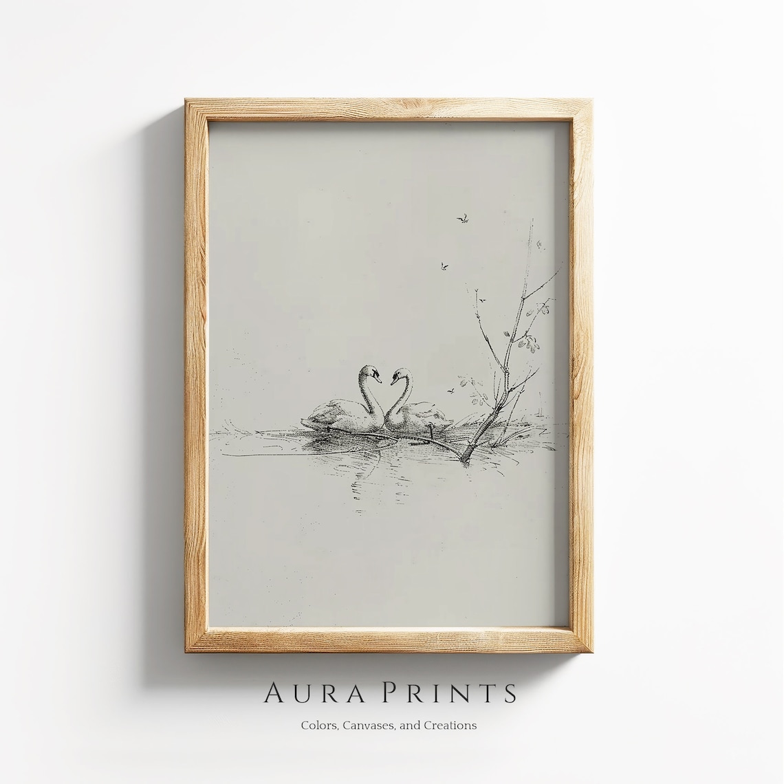 Lover Swans Sketch Vintage Art Print, Rustic Cottage