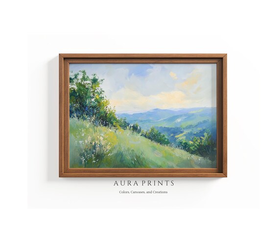 Green Meadow Hillside Oil Painting Rolling Blue Mountain View Poster