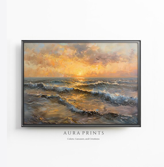 Golden Sunset Ocean Waves Impasto Oil Painting Seascape Art Poster