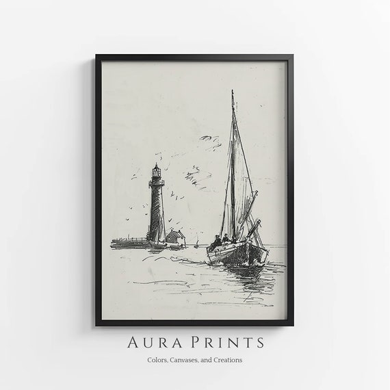 Lighthouse And Sailboat Sketch Neutral Drawing Vintage Nautical Wall Art Rustic Gift 0983