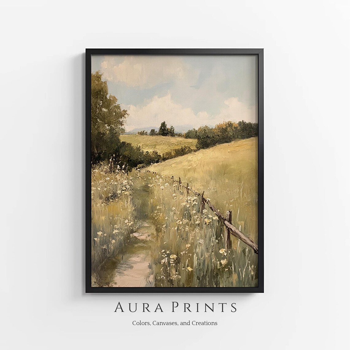 Golden Meadow Fence Wildflowers Summer Oil Painting Art Poster