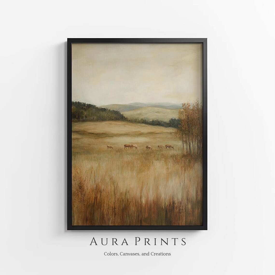 Golden Meadow Grazing Horses Dusk Pastoral Oil Painting Poster