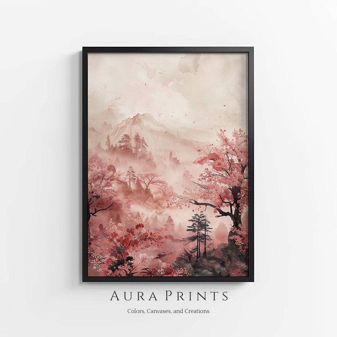 Cherry Blossom Japanese Mountain Ink Wash Landscape Art Poster