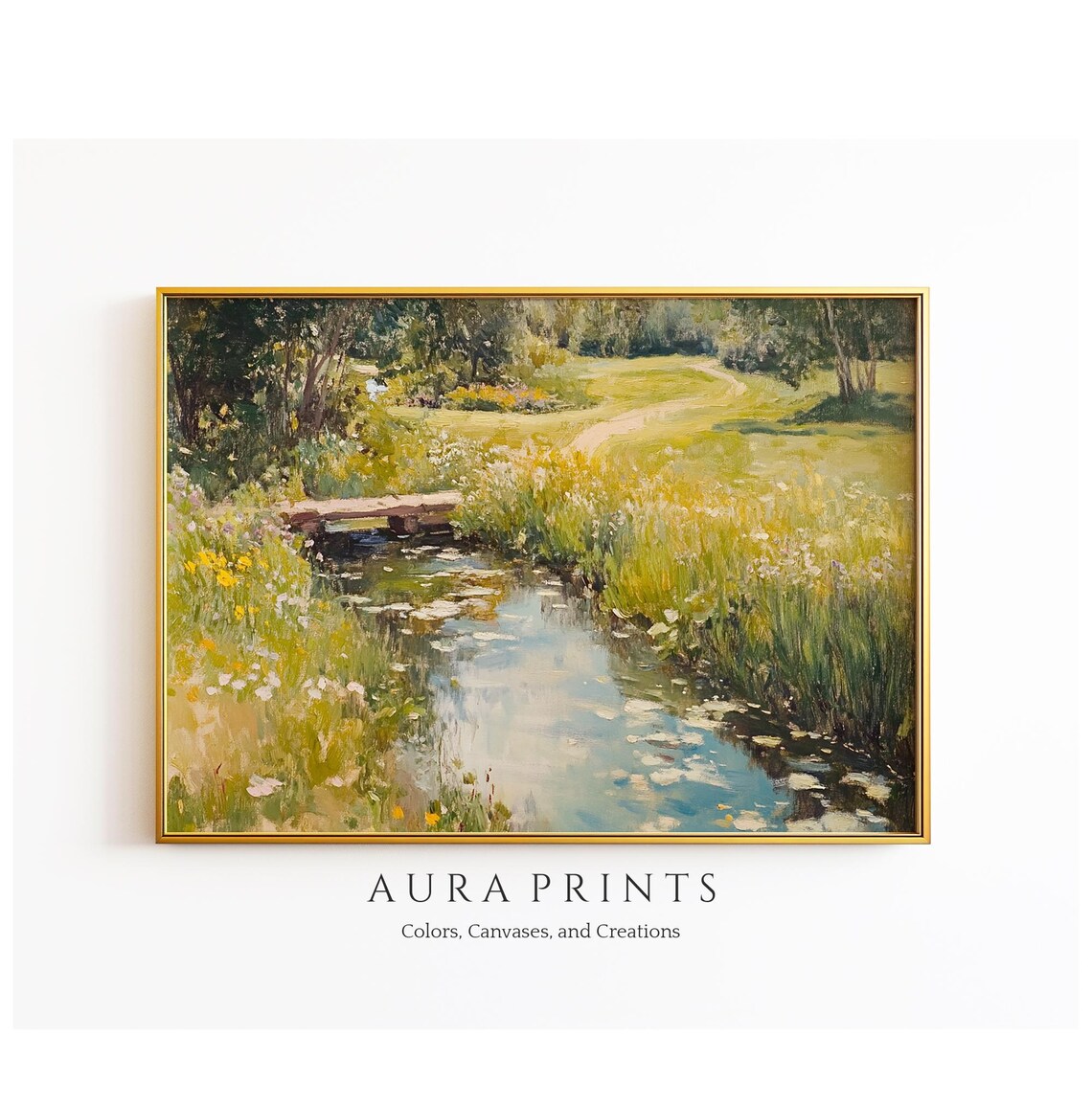 Spring Meadow Stream Oil Painting Wildflower Bridge Countryside Poster