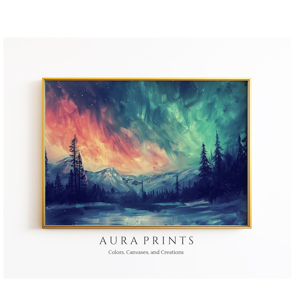 Northern Lights Above Mountain Range Wall Art Vintage Rustic Farmhouse Cottage Abstract Decor 0833
