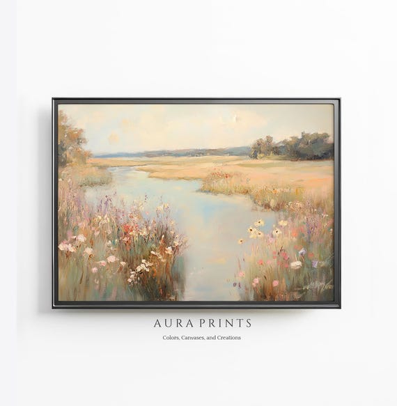 Tranquil Meadow River Oil Painting Rustic Bridge And Wildflowers Wall Art Antique Gift 1203