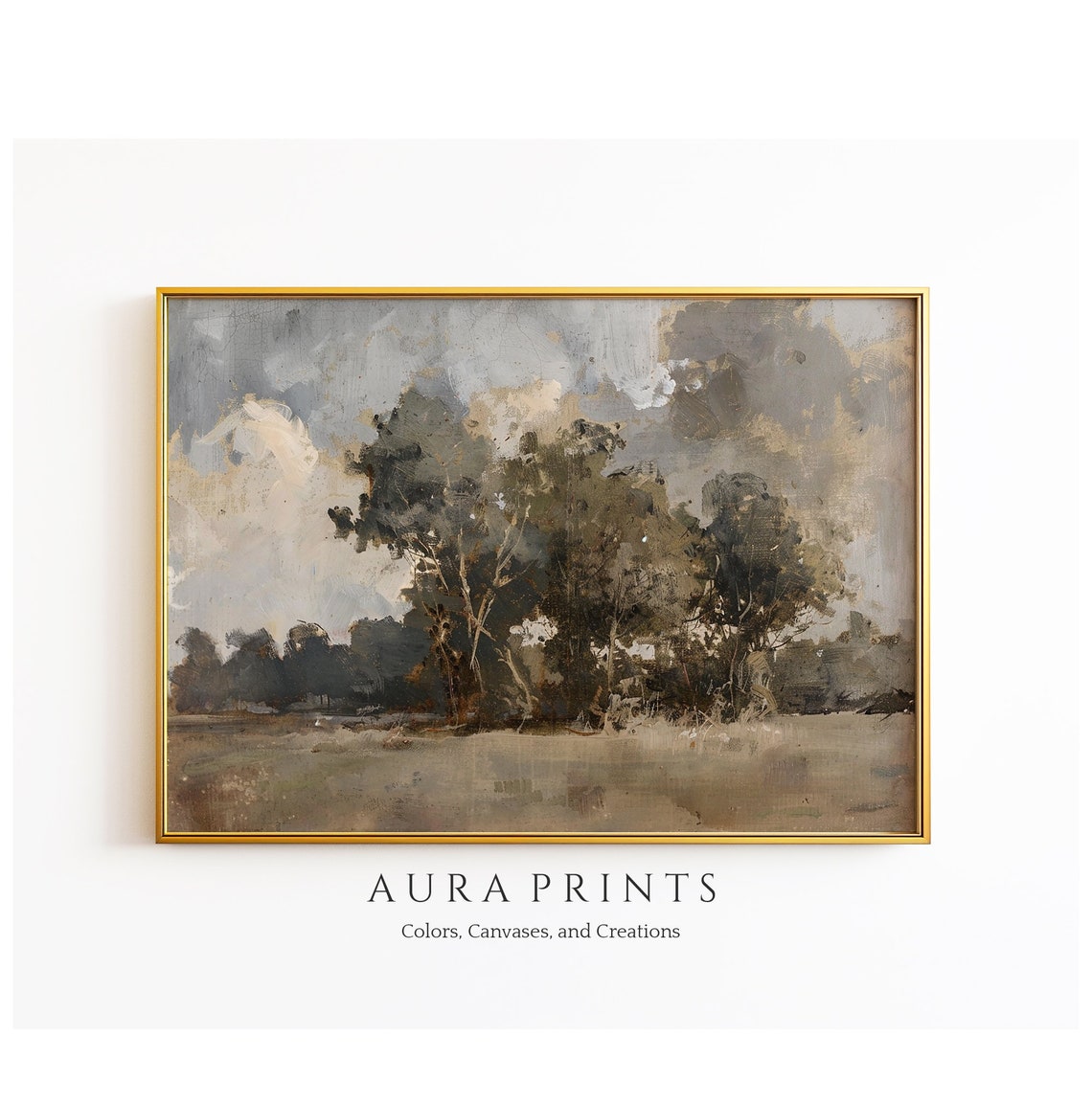 Pastoral Landscape With Dark Trees Moody Vintage Oil Painting Wall Art