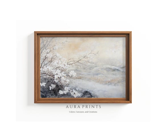 Cherry Blossoms By The Tranquil Hill Antique Oil Painting Print Neutral Wall Decor Cottage Gift 1187