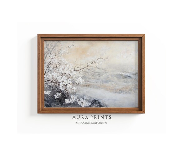 White Cherry Blossoms Misty Antique Style Oil Painting Poster