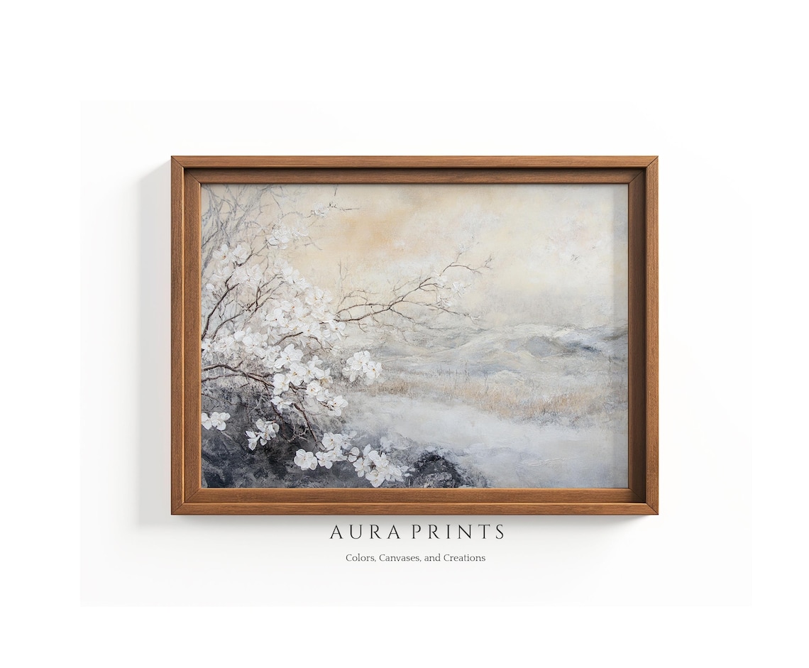 White Cherry Blossoms Misty Antique Style Oil Painting Poster