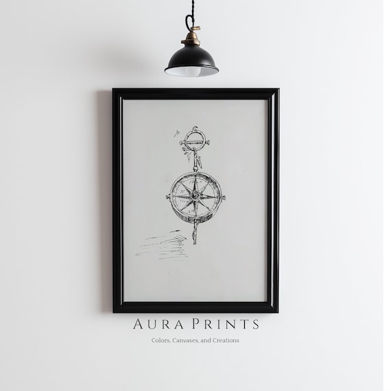 Vintage Compass Hanging Nautical Sketch Minimalist Line Art Poster