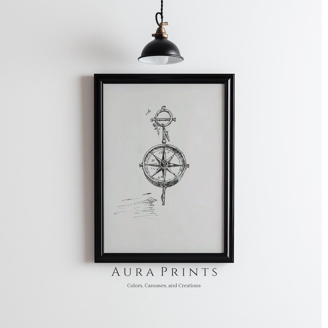 Vintage Compass Hanging Nautical Sketch Minimalist Line Art Poster