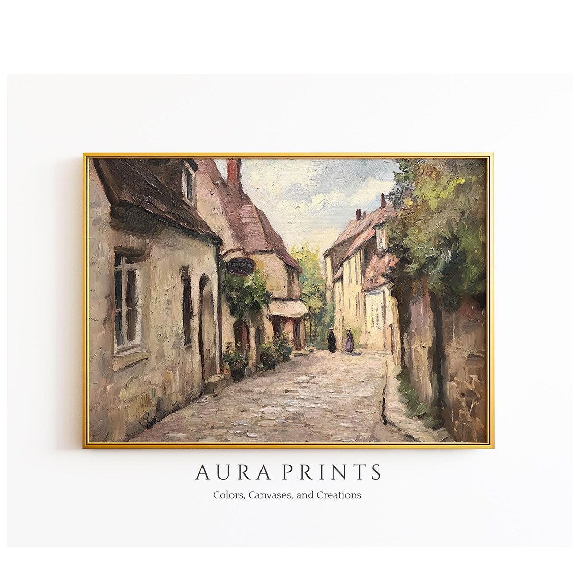 Village Cobblestone Street Quaint Houses Shops Vintage Oil Poster