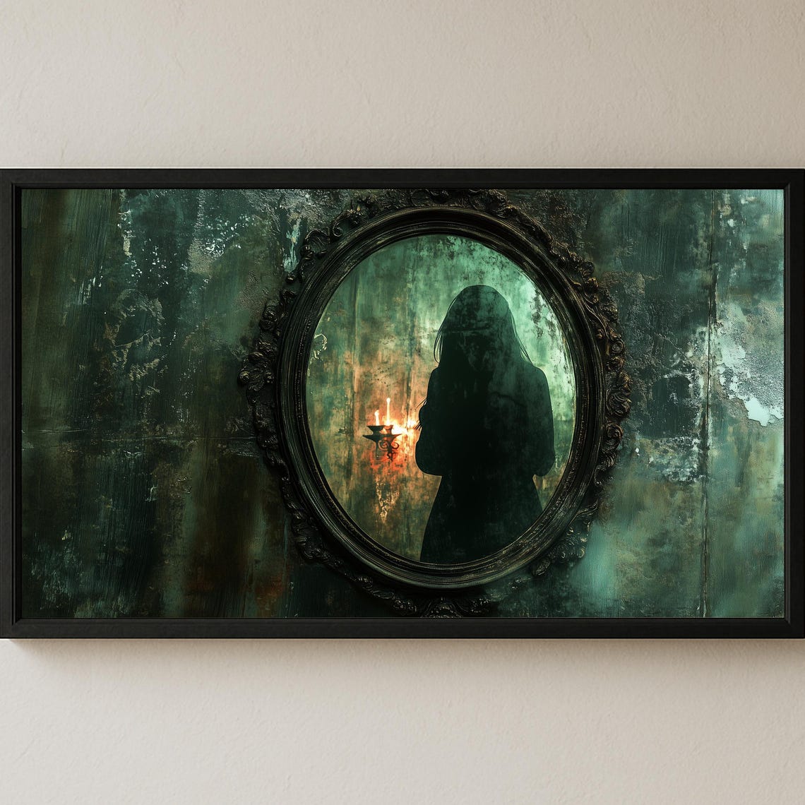 Haunted Mirror Ghostly Silhouette Candlelight Gothic Horror Poster