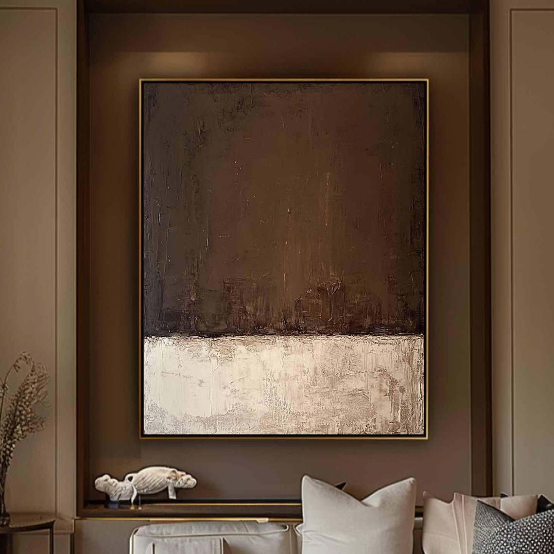 Dark Brown Beige Two Tone Textured Wabi Sabi Abstract Art Print