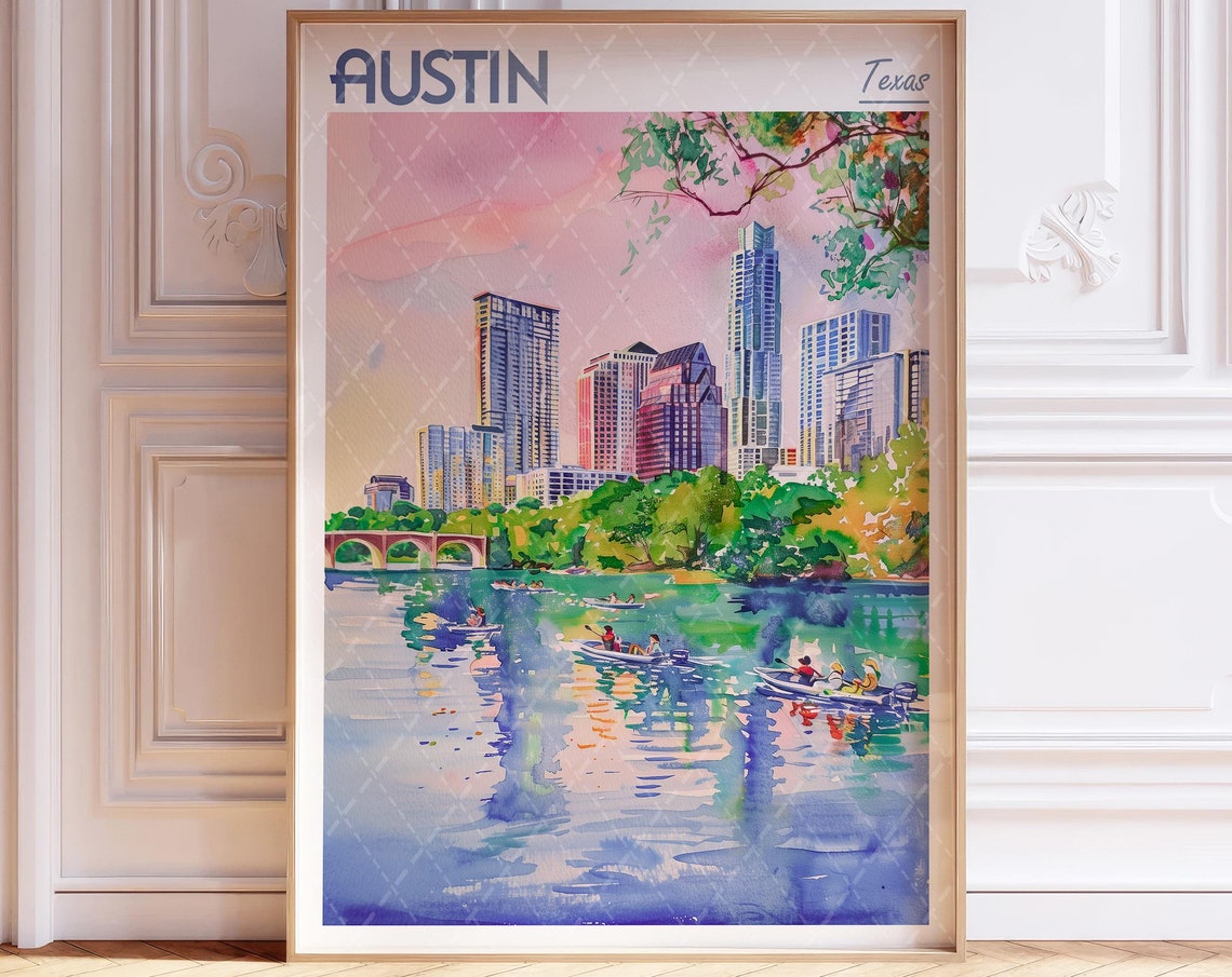Austin Texas Skyline Watercolor Kayakers on Lady Bird Lake Poster