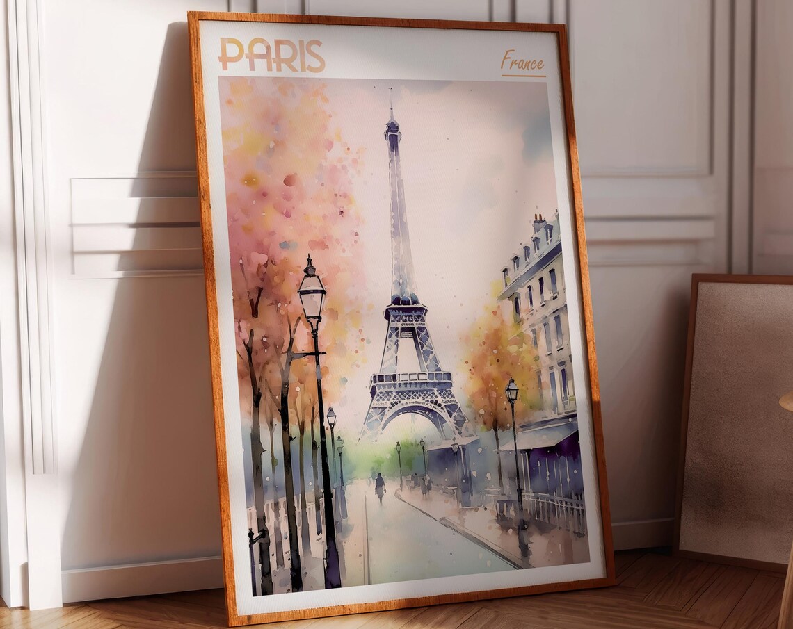 Paris France Watercolor Eiffel Tower Autumn Street Art Poster